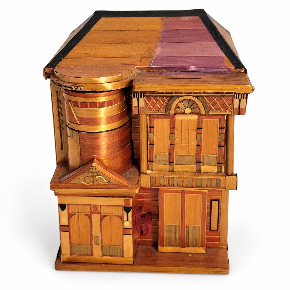 Vintage 1970s Straw Marquetry Victorian House Trinket Jewelry Box Folk Art
